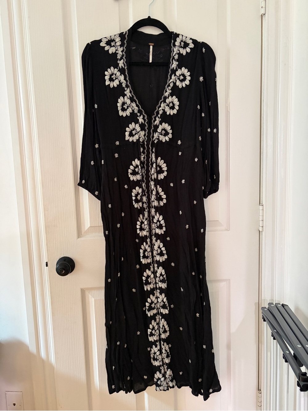 Free People Black Maxi Dress with White Floral Embroidery
